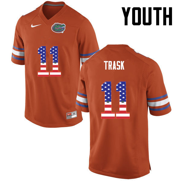 Youth Florida Gators #11 Kyle Trask College Football USA Flag Fashion Jerseys-Orange - Click Image to Close